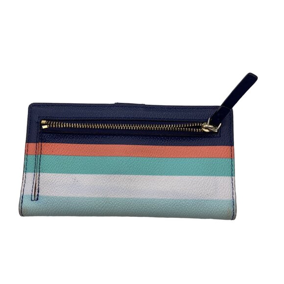 Kate Spade slim bi fold wallet Stripe blue pink button shut pocket book leather - Picture 3 of 12